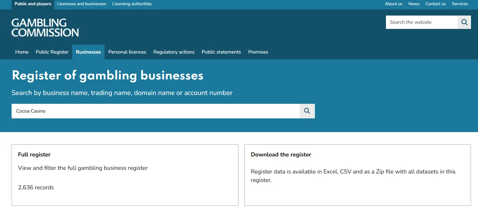 UK Gambling Commission public business register interface
